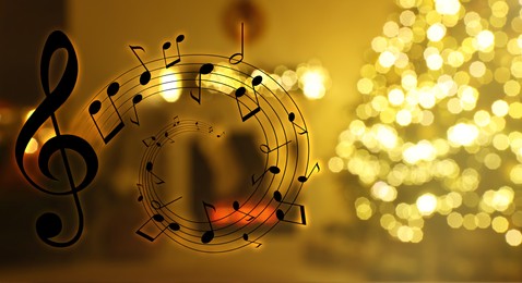 Image of Music notes and blurred view of room decorated for Christmas and New Year celebration, bokeh effect. Banner design