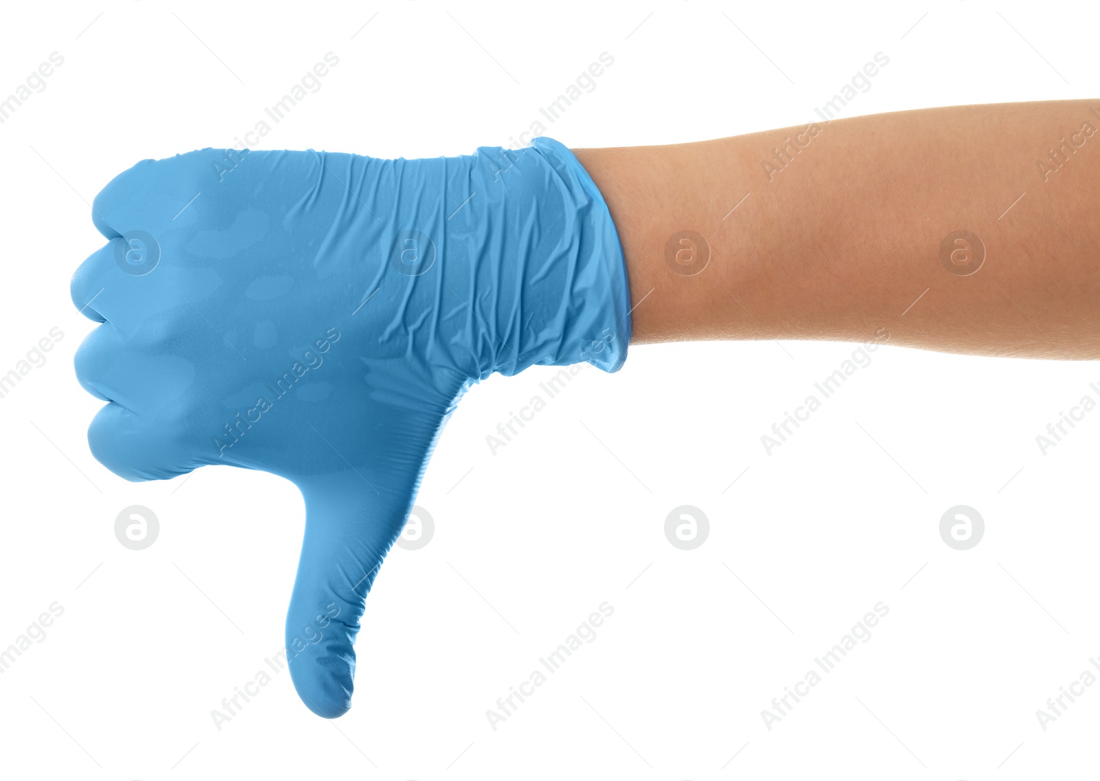 Photo of Person in blue latex gloves showing thumb down gesture against white background, closeup on hand