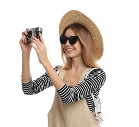 Photo of Woman with backpack taking picture on white background. Summer travel