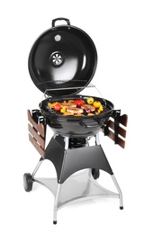 Modern barbecue grill with tasty food on white background