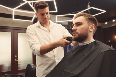 Professional hairdresser working with client in barbershop