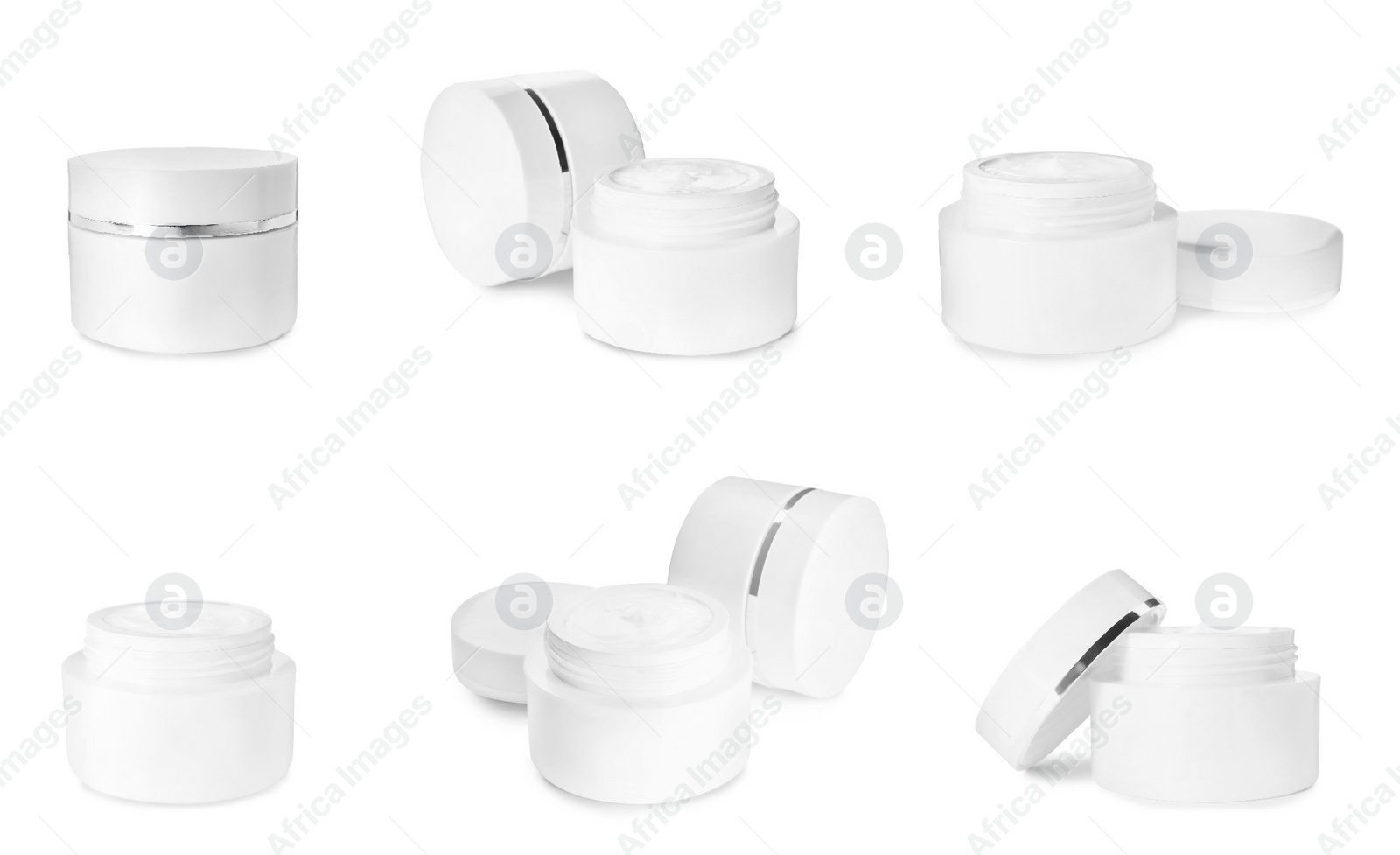 Image of Set of jars with facial cream on white background