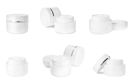 Image of Set of jars with facial cream on white background