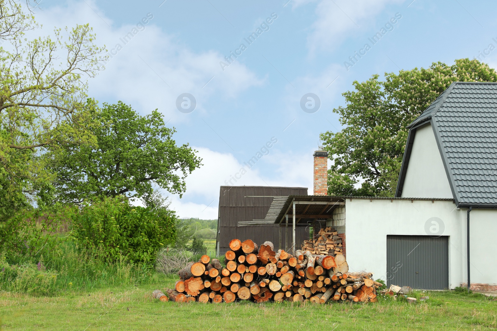 Photo of Pile of cut firewood near house on sunny day