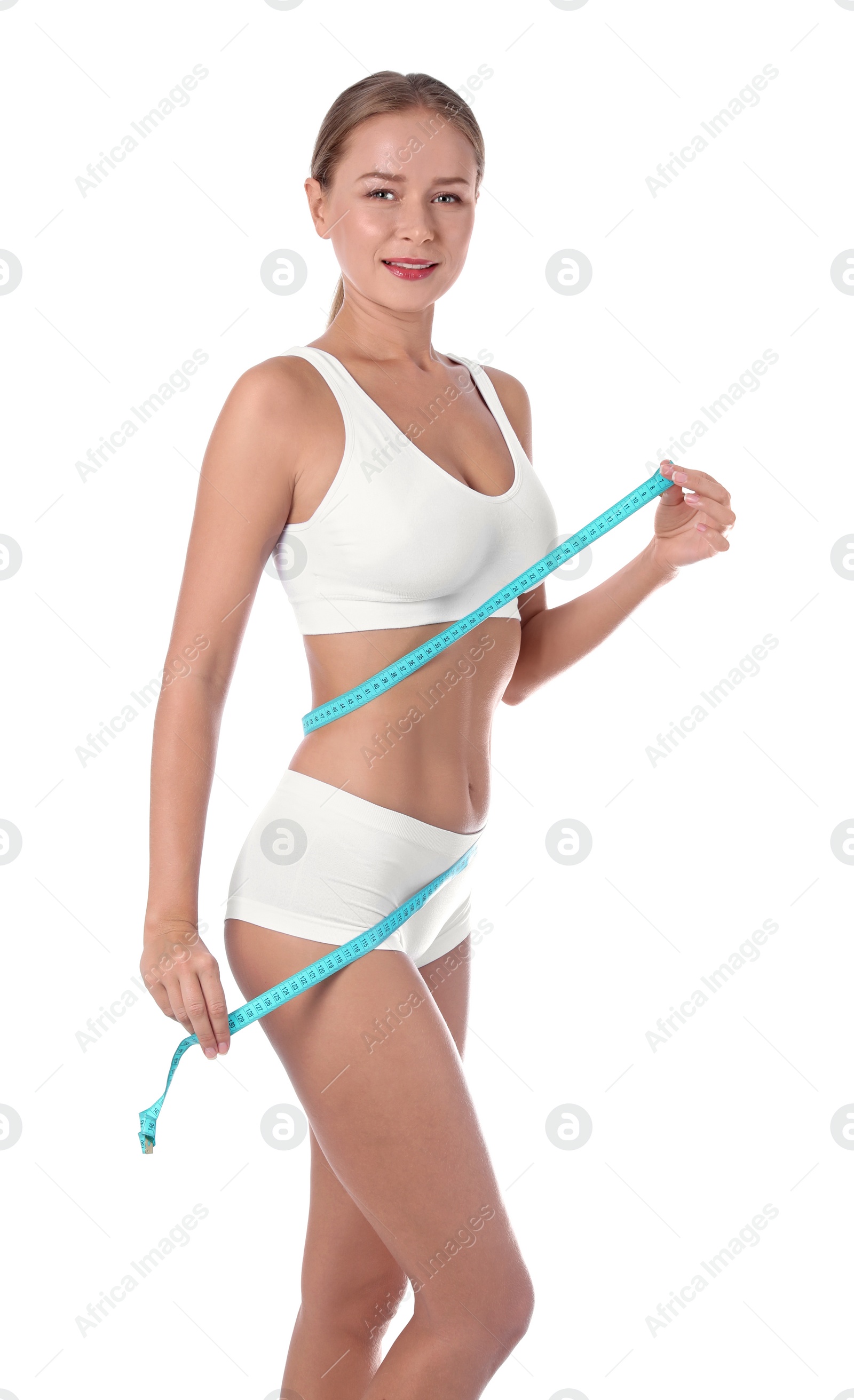 Photo of Slim woman with measuring tape on white background. Healthy diet