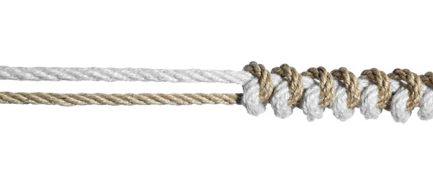 Photo of Two braided hemp ropes isolated on white