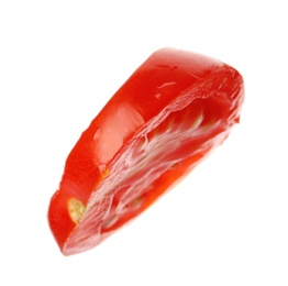 Photo of Slice of ripe tomato on white background