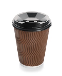 Photo of Takeaway paper coffee cup with lid on white background