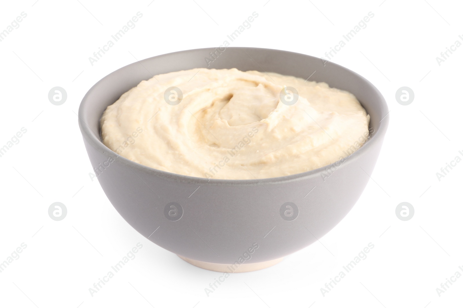 Photo of Tasty hummus in grey bowl isolated on white