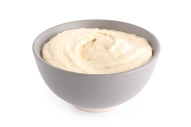 Photo of Tasty hummus in grey bowl isolated on white