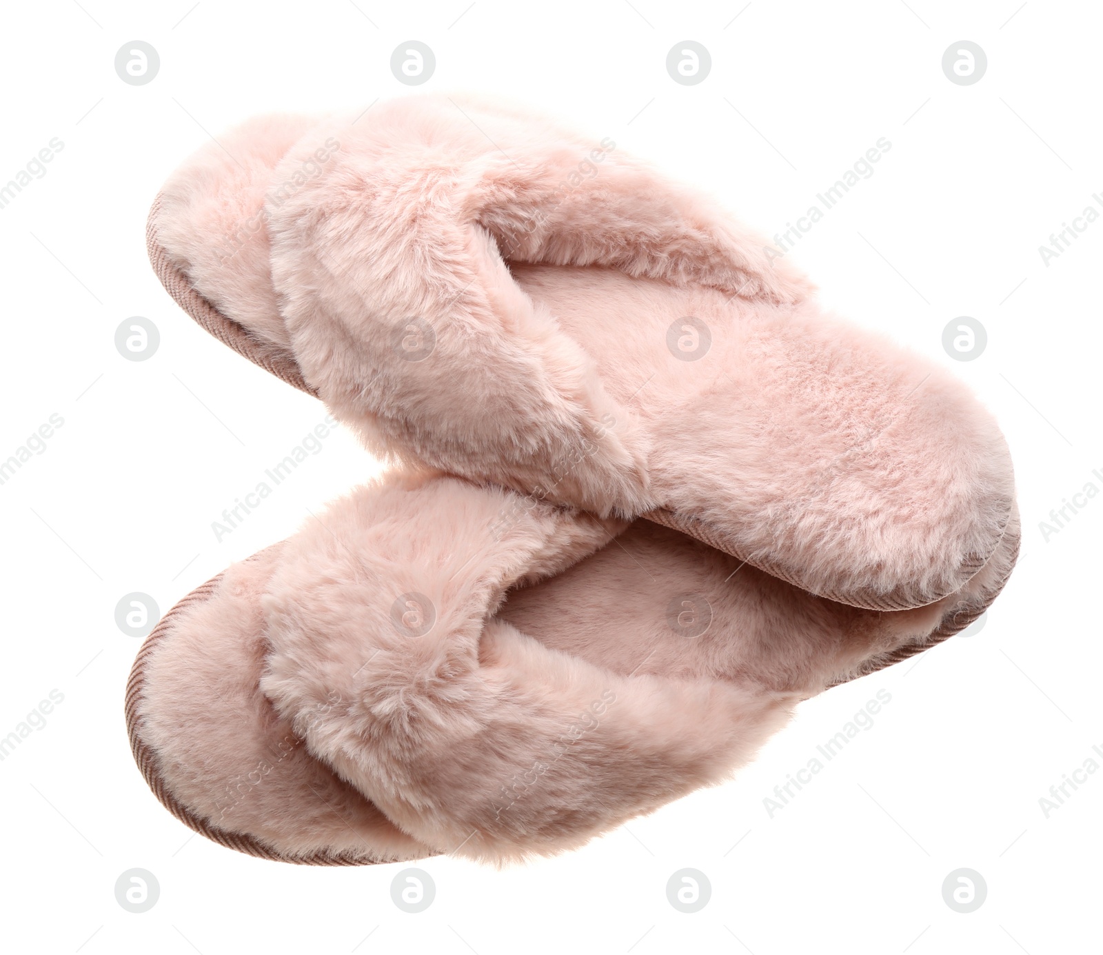 Photo of Stylish soft slippers on white background, top view