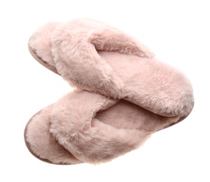 Photo of Stylish soft slippers on white background, top view