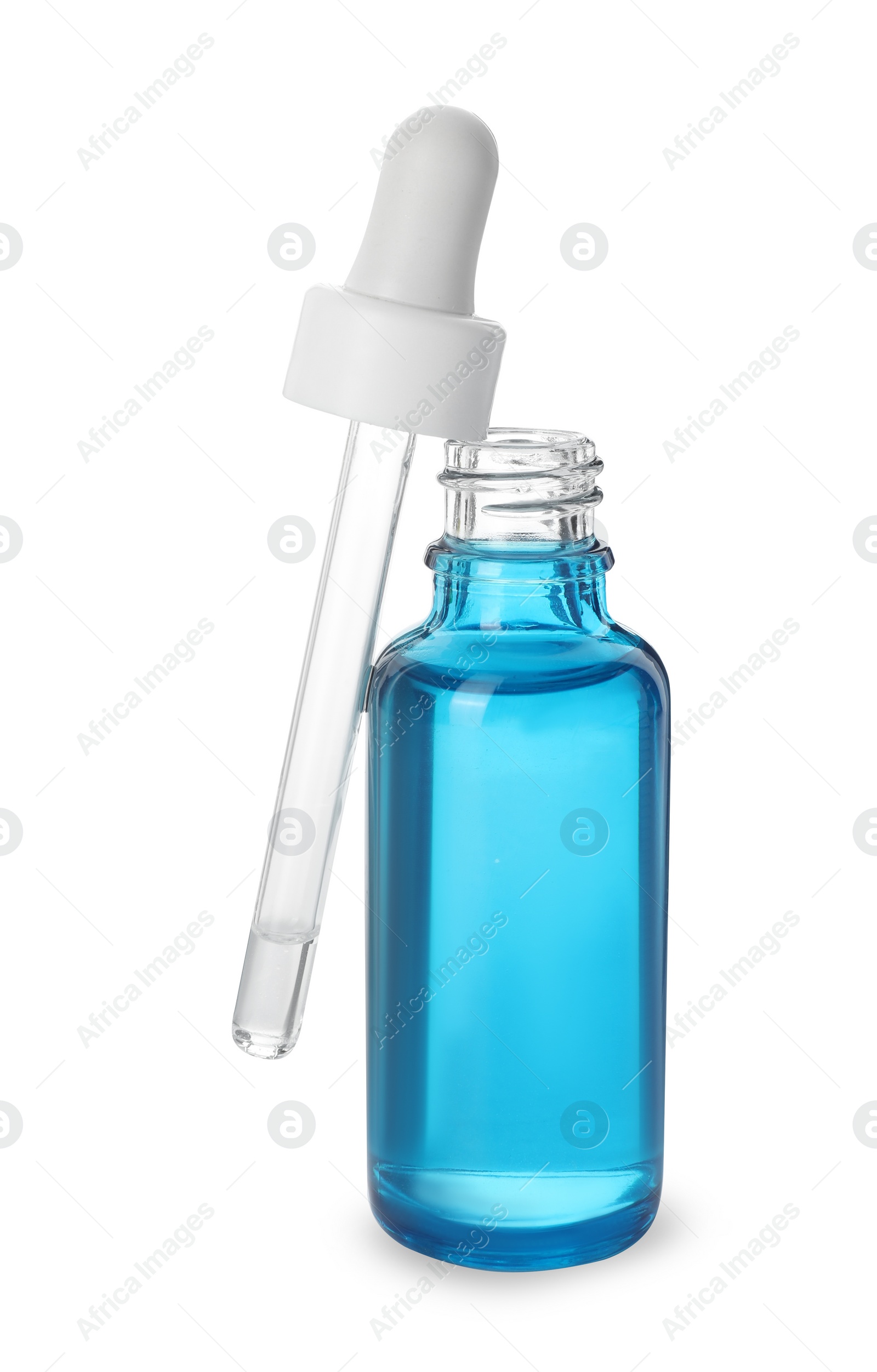 Photo of Bottle with cosmetic product and pipette isolated on white