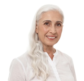 Portrait of beautiful mature woman on white background