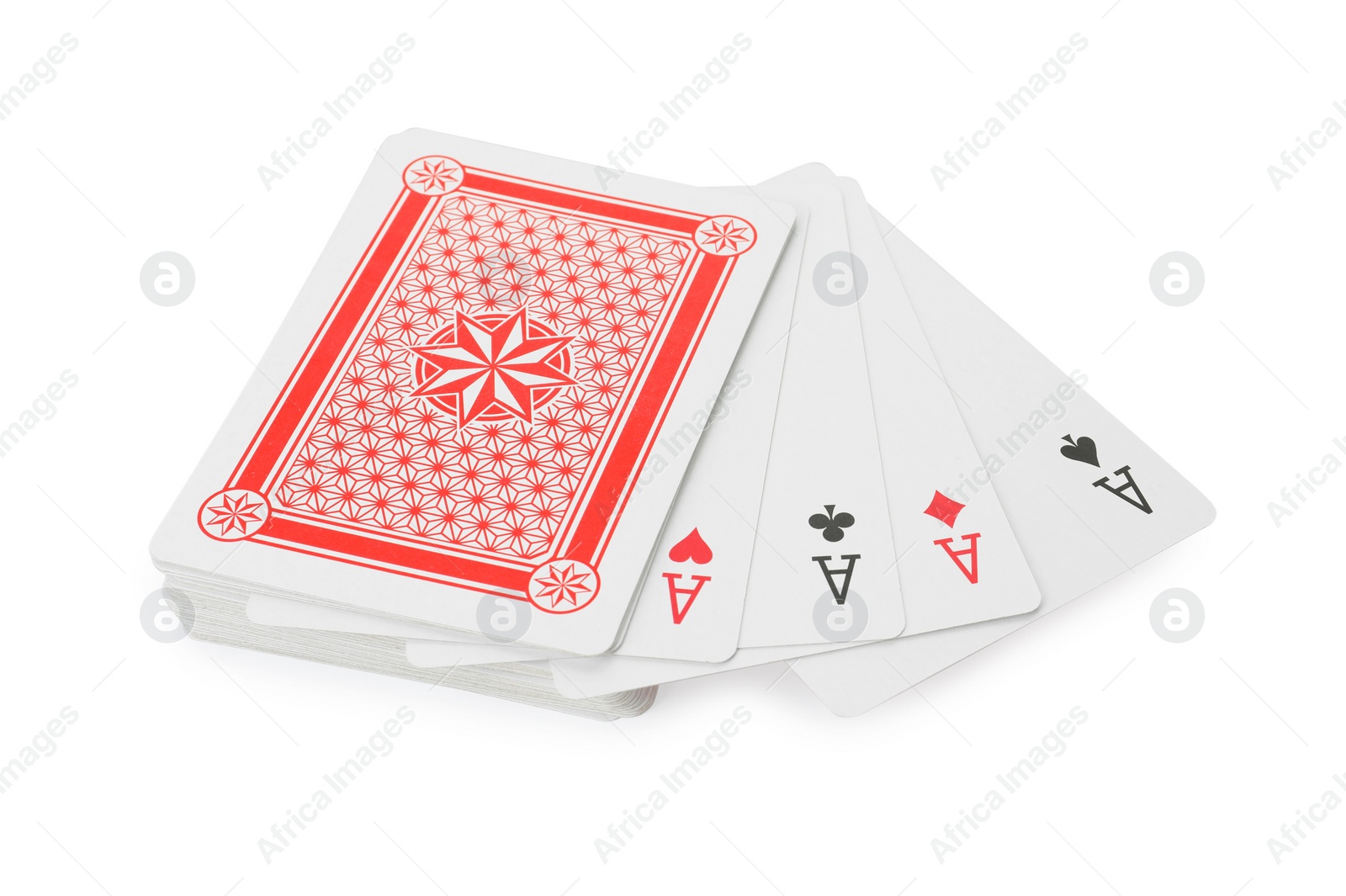 Photo of Four aces and other playing cards isolated on white. Poker game