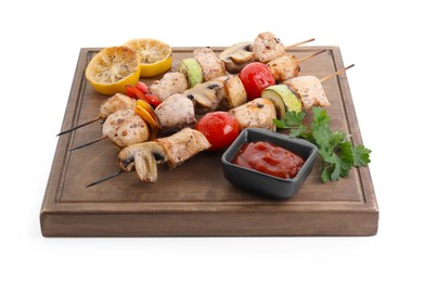 Photo of Wooden board with delicious shish kebabs, tomato sauce and grilled vegetables isolated on white