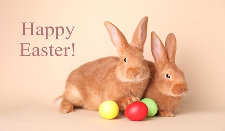 Image of Happy Easter! Cute bunnies and dyed eggs on beige background