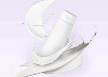 Image of Splashes of cosmetic product and tube with space for design on white background