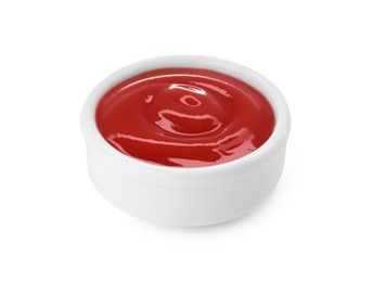 Photo of Bowl of tasty ketchup isolated on white. Tomato sauce
