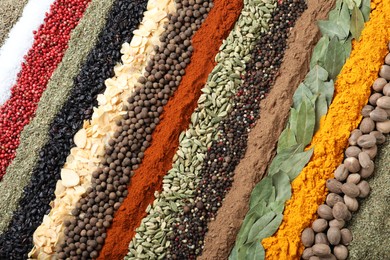 Set of different spices as background, top view