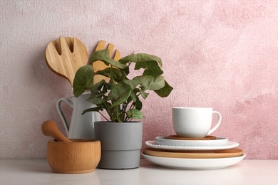 Photo of Green plant and different kitchenware on table near color wall. Modern interior design