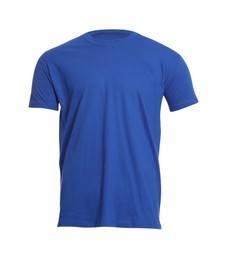 Photo of Mannequin with blue men's t-shirt isolated on white. Mockup for design