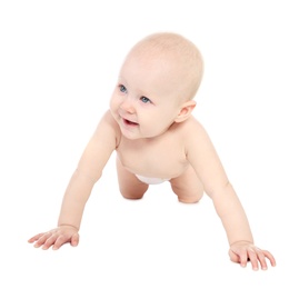 Photo of Cute little baby crawling on white background