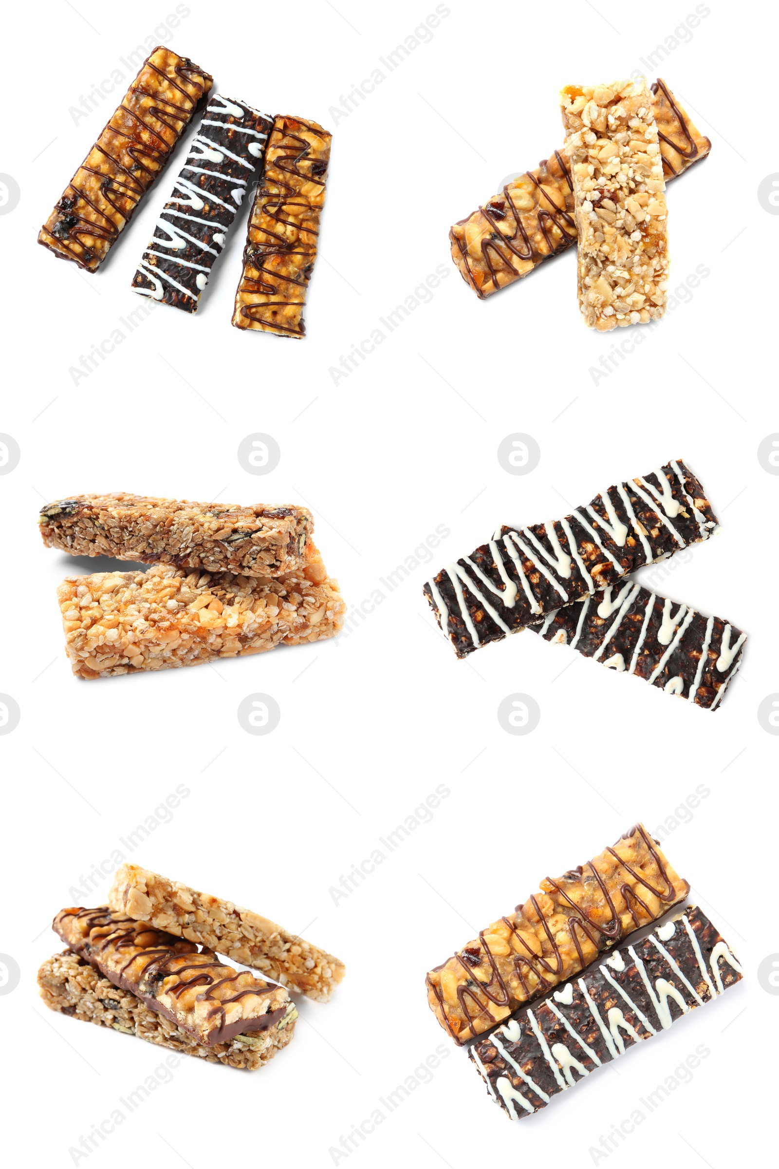 Set with different grain cereal bars on white background Image of Set with different grain cereal bars on white background