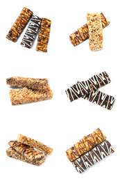 Image of Set with different grain cereal bars on white background 