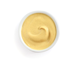 Delicious mustard in bowl on white background, top view. Spicy sauce