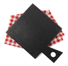 Photo of Black wooden cutting board and napkin isolated on white, top view