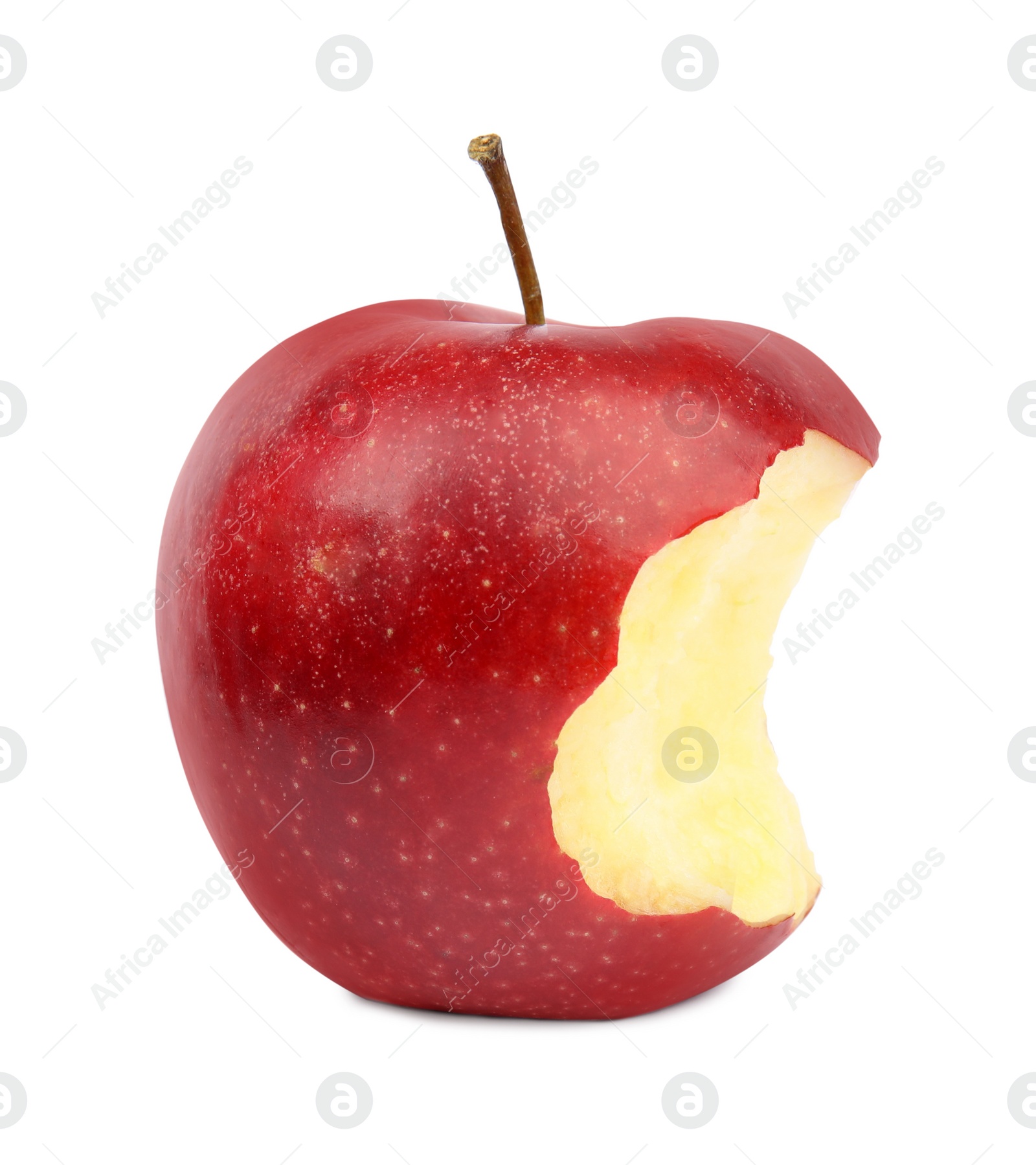 Photo of Ripe juicy red apple with bite mark on white background