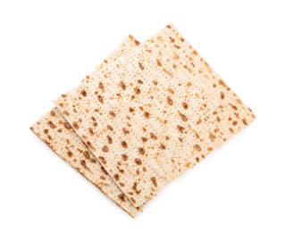 Photo of Passover matzos isolated on white, top view. Pesach celebration