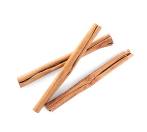 Aromatic cinnamon sticks on white background, top view