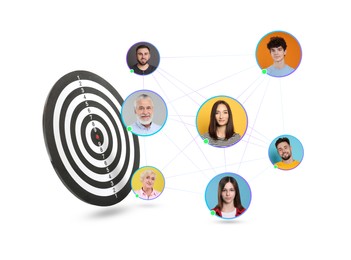 Image of Target audience. Dartboard surrounded by photos of potential clients linked together on white background