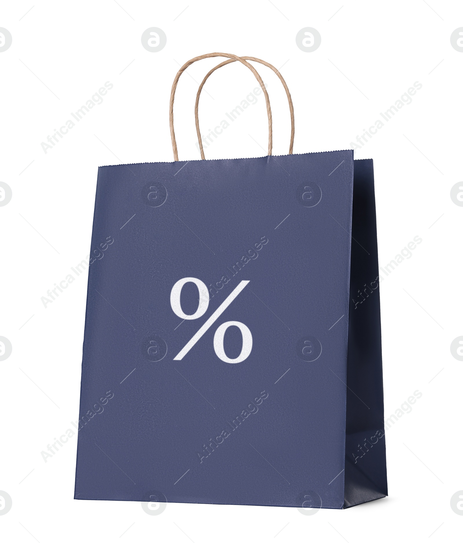 Image of Dark blue paper bag with percent sign isolated on white