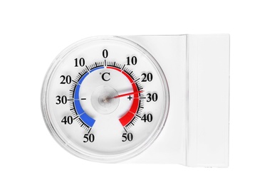 Photo of Round weather thermometer on white background, top view