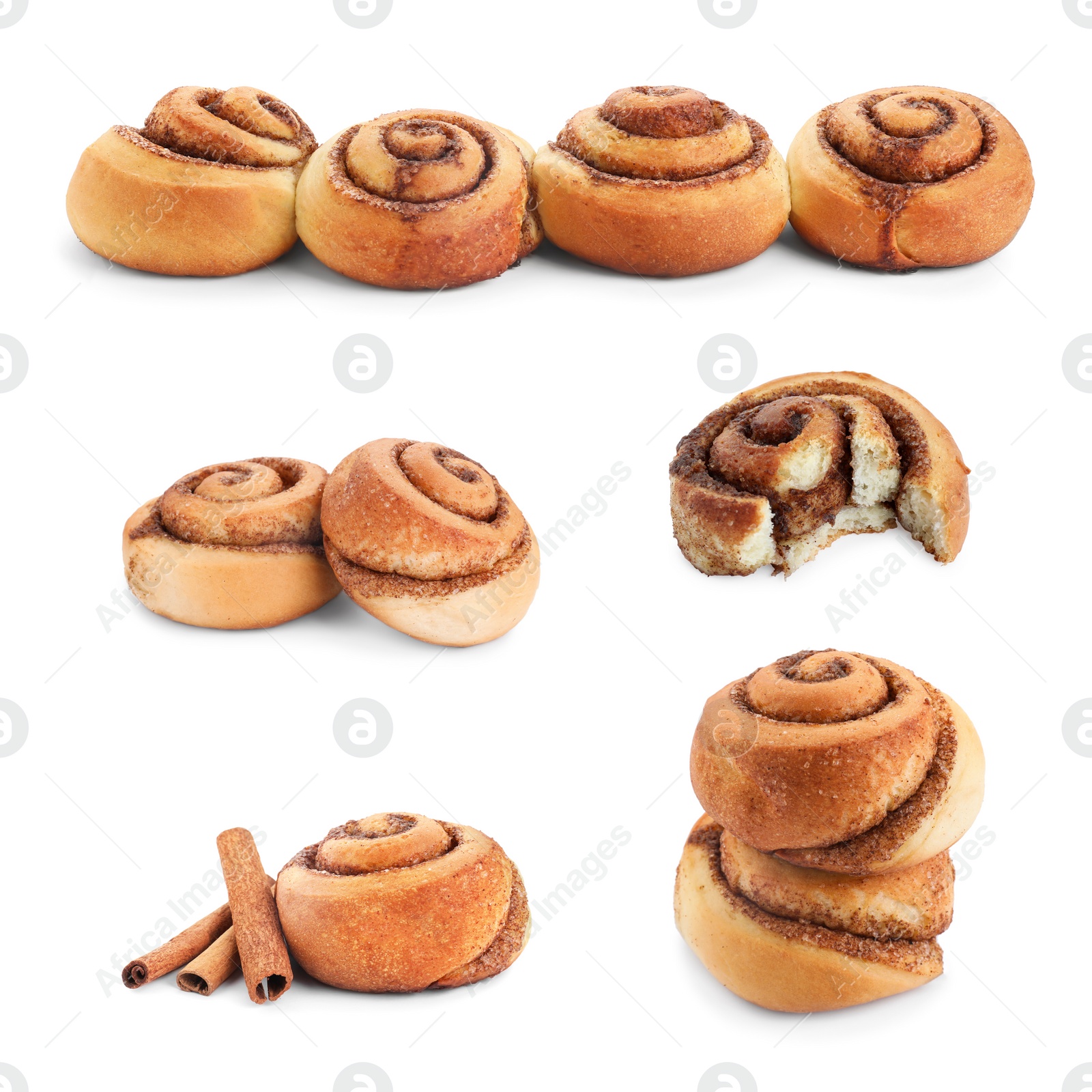 Image of Tasty cinnamon rolls isolated on white, set