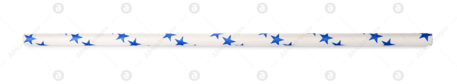 Photo of One paper straw with blue stars for drinking isolated on white