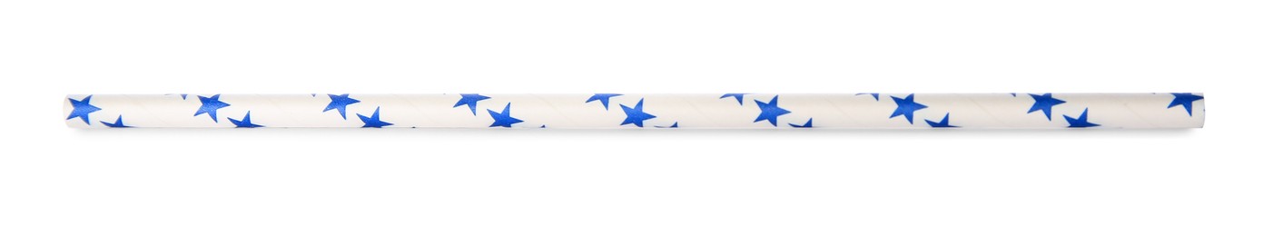 Photo of One paper straw with blue stars for drinking isolated on white