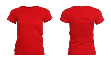 Image of Red t-shirt with space for design isolated on white. Back and front views