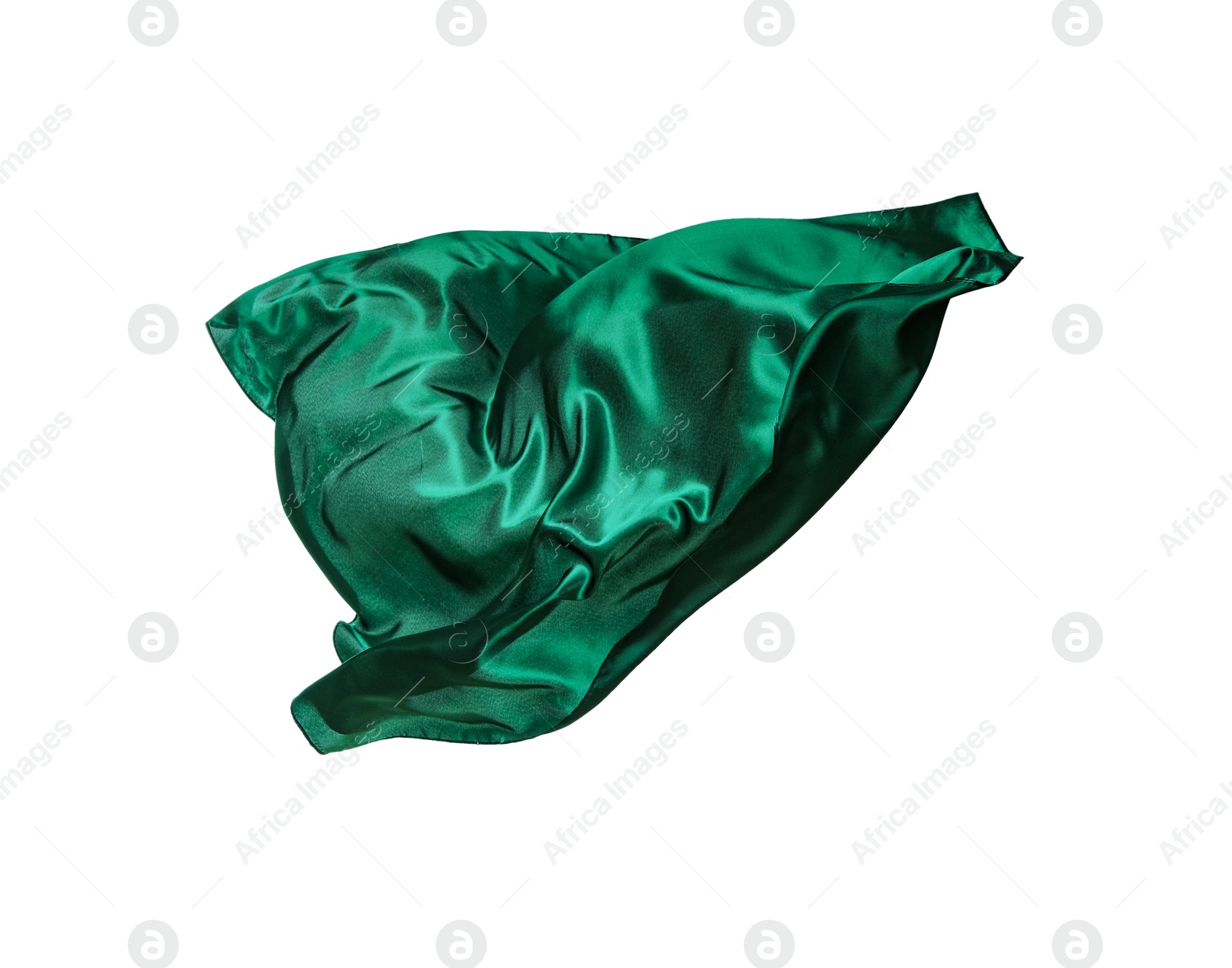 Photo of Beautiful delicate green silk floating on white background