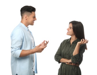 Man and woman talking on white background