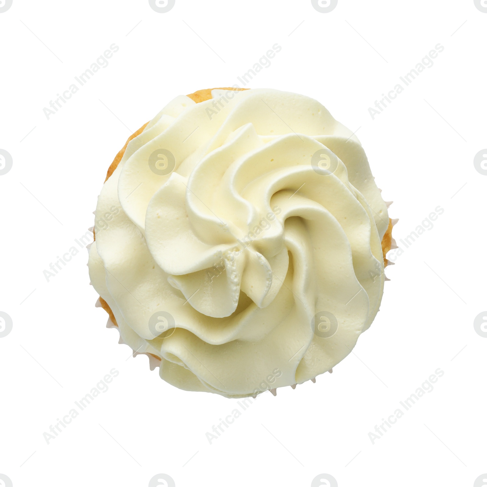 Photo of Tasty vanilla cupcake with cream isolated on white, top view