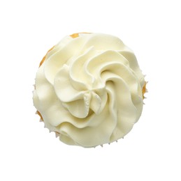 Photo of Tasty vanilla cupcake with cream isolated on white, top view