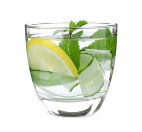 Photo of Refreshing water with cucumber, lemon and mint isolated on white