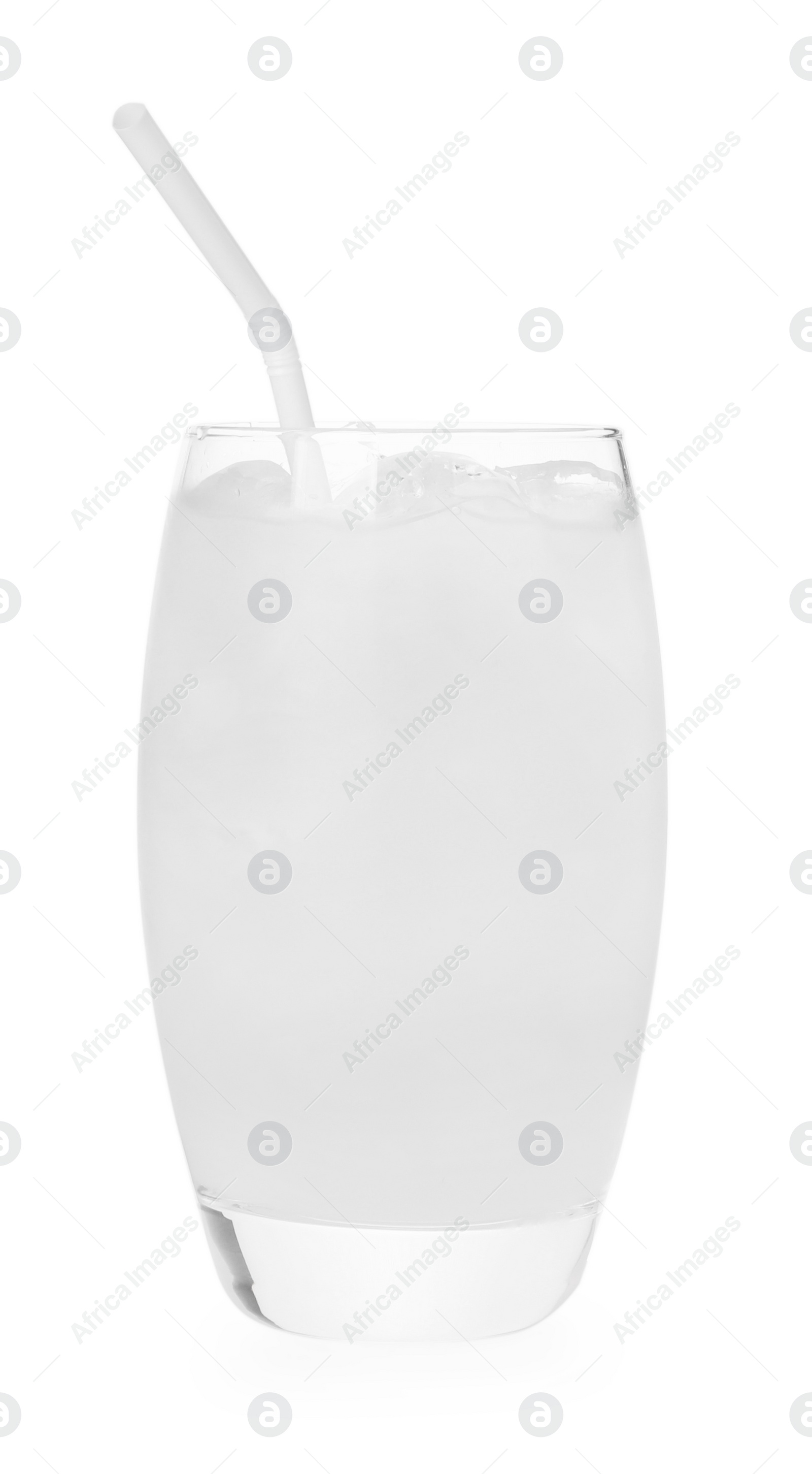 Photo of Glass of coconut water with ice cubes isolated on white