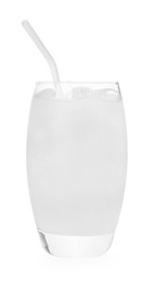 Glass of coconut water with ice cubes isolated on white