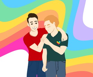 Illustration of Coming Out. Happy gay couple and pride flag on white background, illustration