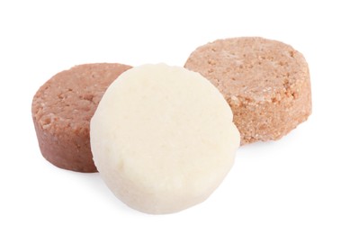 Photo of Solid shampoo bars on white background. Hair care
